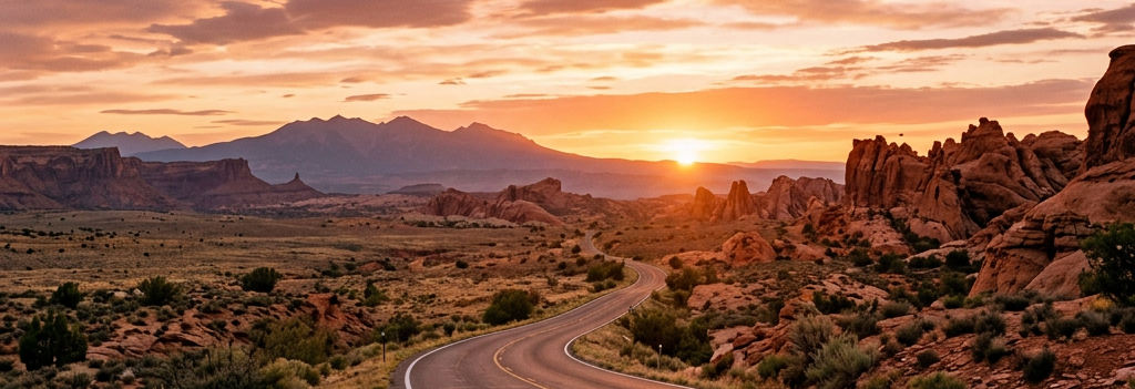 Winding desert highway leading toward sunset among red rock formations